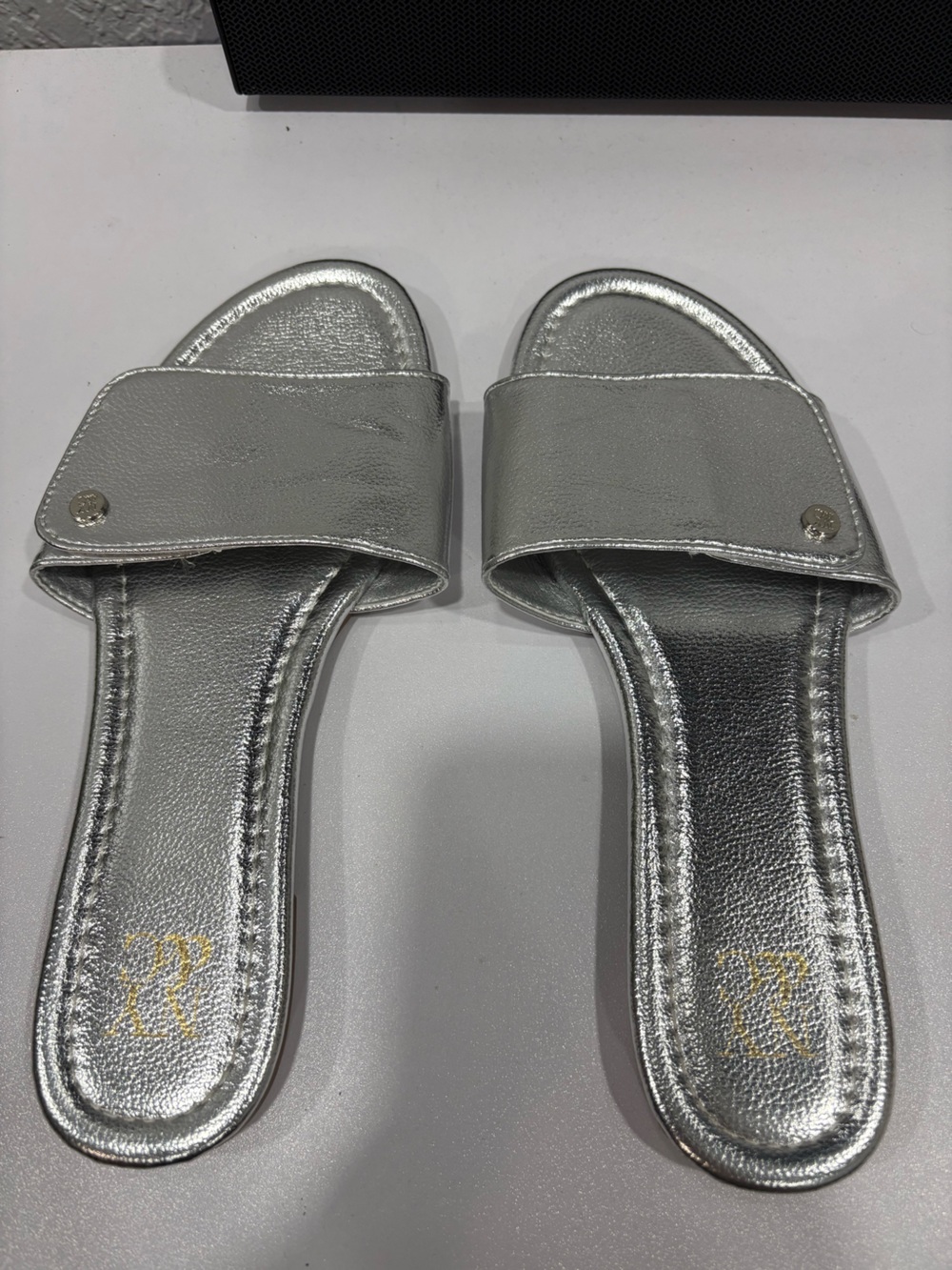 New York & Company Metallic Silver Slide Sandals